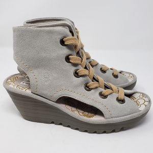 Fly London Yaba Lace Up Open Toe Taupe Wedge EU 39